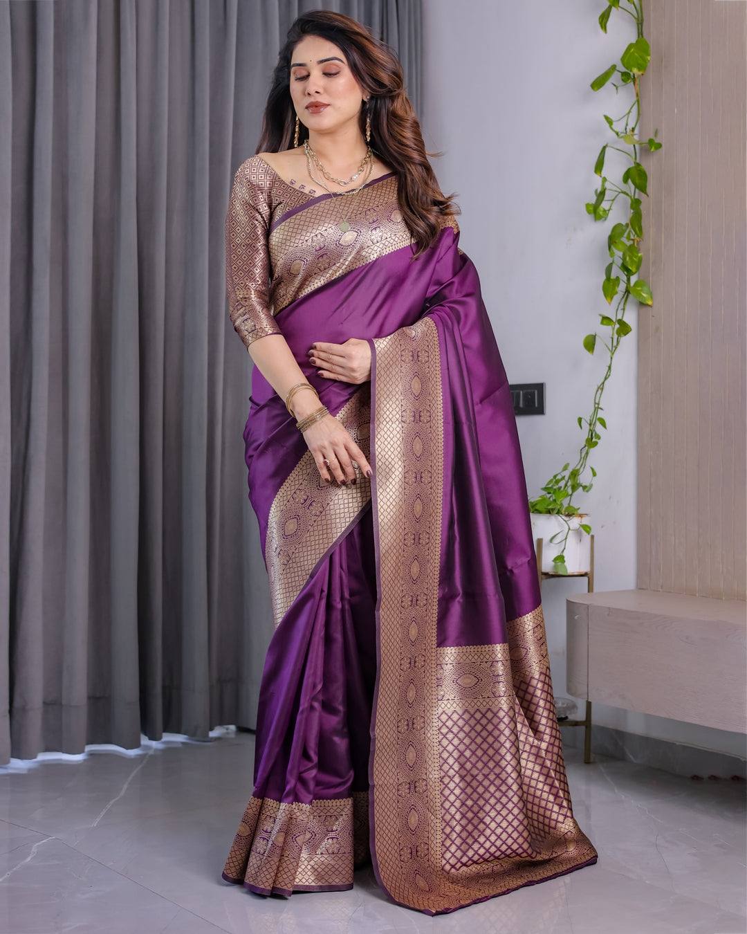 Purple Banarasi Soft Silk Saree with Elegant Zari & Jacquard