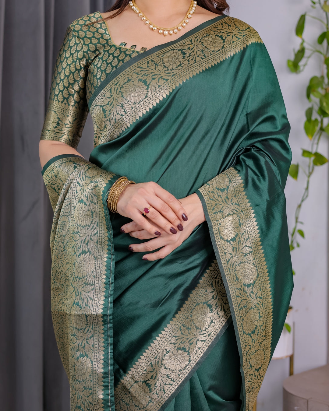 Green Banarasi Soft Silk Saree with Golden Jacquard Border for Women