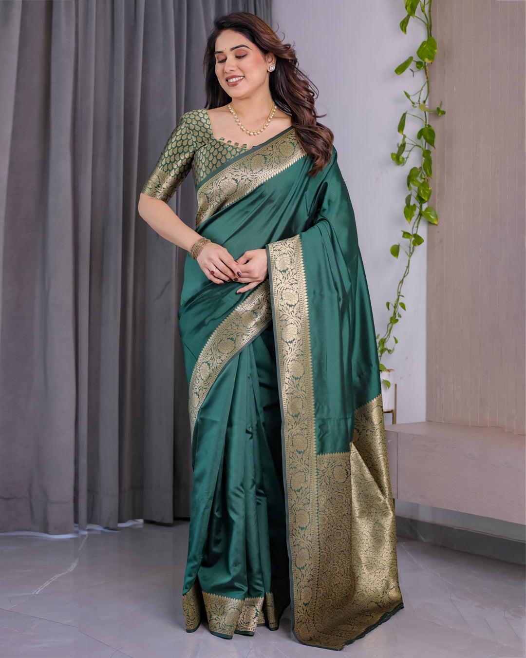 Green Banarasi Soft Silk Saree with Golden Jacquard Border for Women