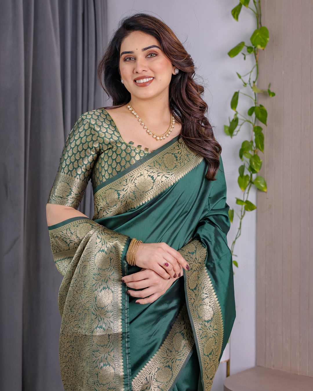 Green Banarasi Soft Silk Saree with Golden Jacquard Border for Women