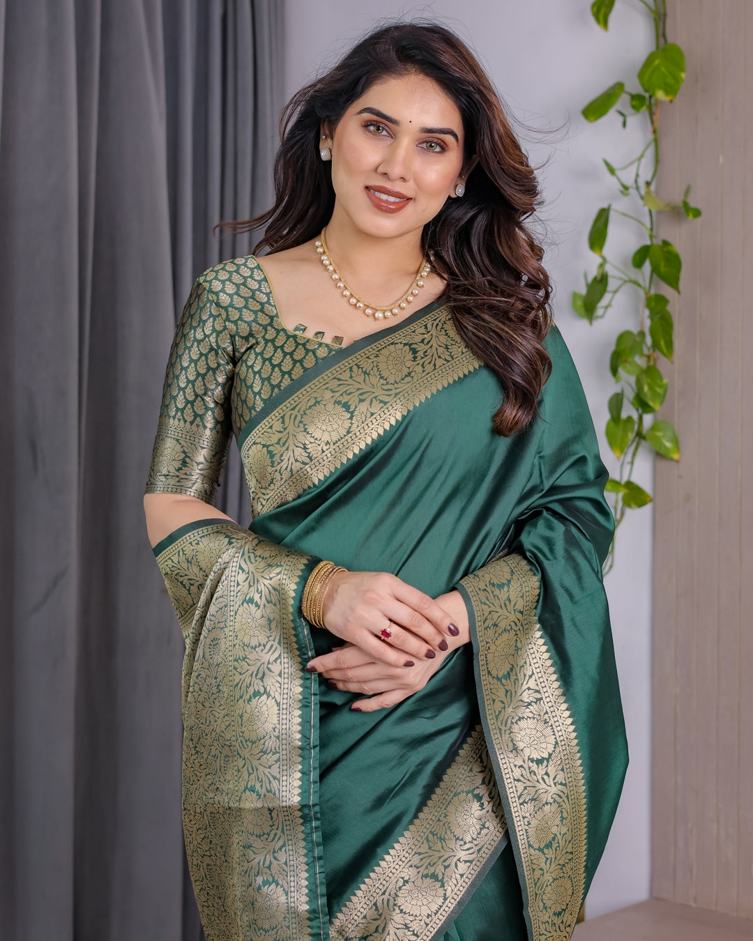 Green Banarasi Soft Silk Saree with Golden Jacquard Border for Women