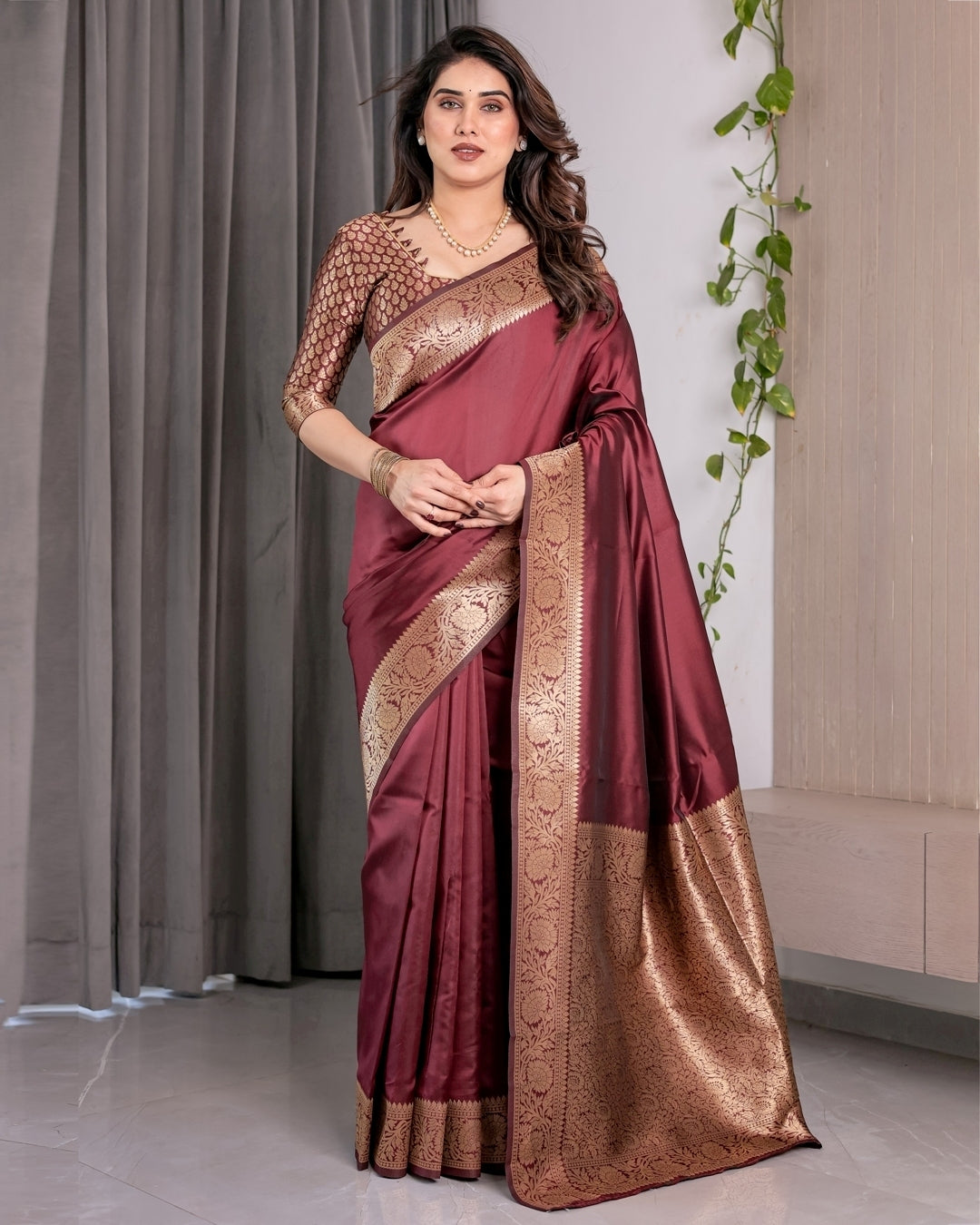 Wine Banarasi Soft Silk Saree With Golden Zari Border for Women