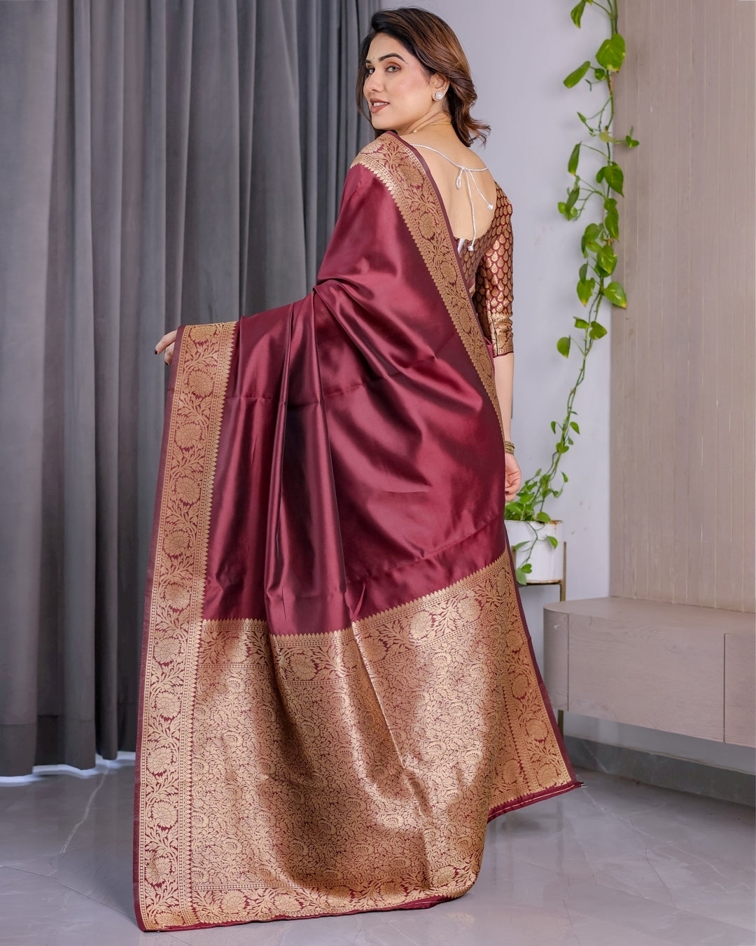 Wine Banarasi Soft Silk Saree With Golden Zari Border for Women