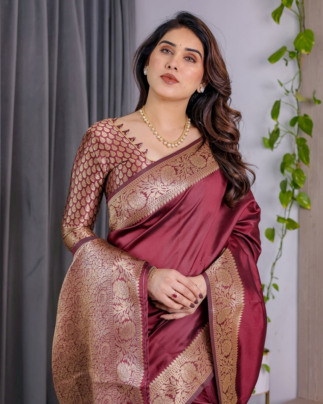 Wine Banarasi Soft Silk Saree With Golden Zari Border for Women