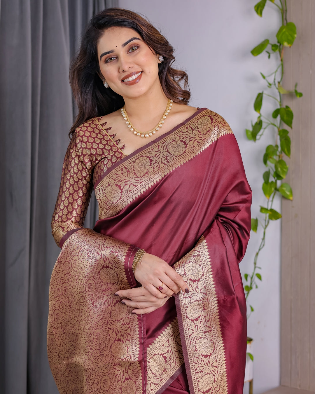 Wine Banarasi Soft Silk Saree With Golden Zari Border for Women