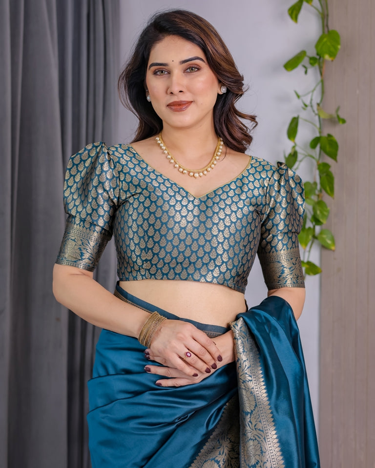 Teal Blue Banarasi Soft Silk Saree With Golden Zari Border for Women