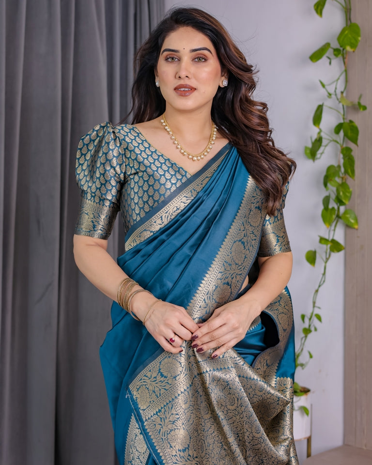 Teal Blue Banarasi Soft Silk Saree With Golden Zari Border for Women