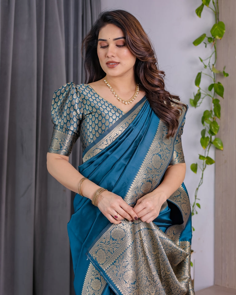 Teal Blue Banarasi Soft Silk Saree With Golden Zari Border for Women
