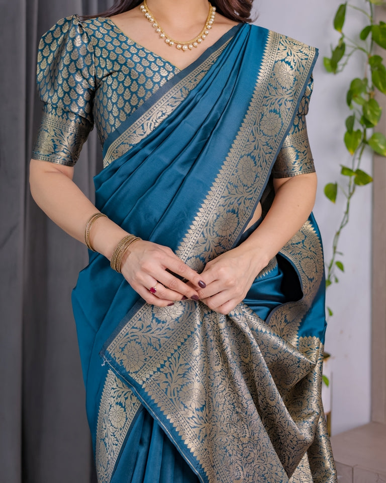 Teal Blue Banarasi Soft Silk Saree With Golden Zari Border for Women