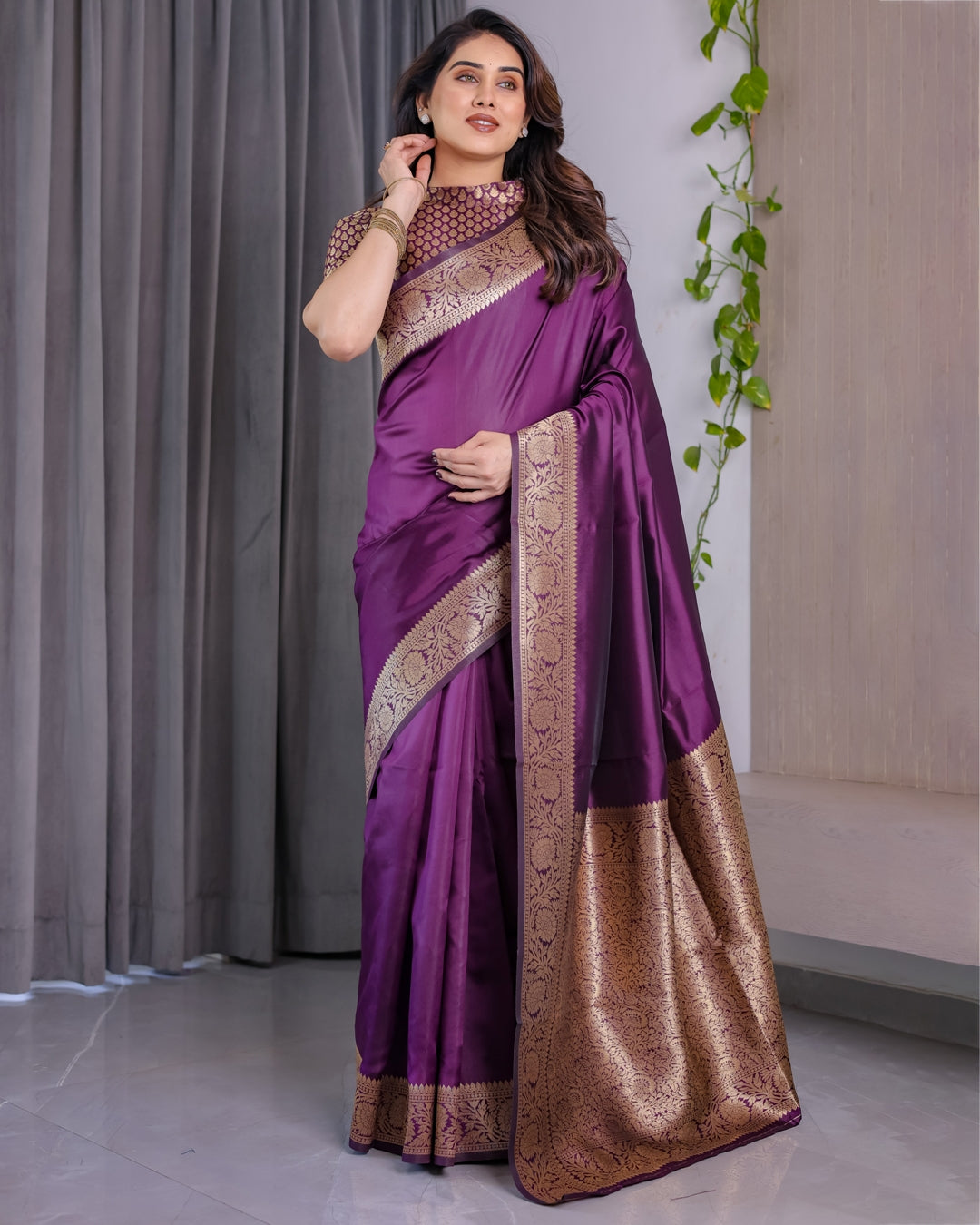 Royal Purple Banarasi Soft Silk Saree With Floral Zari Work for Women