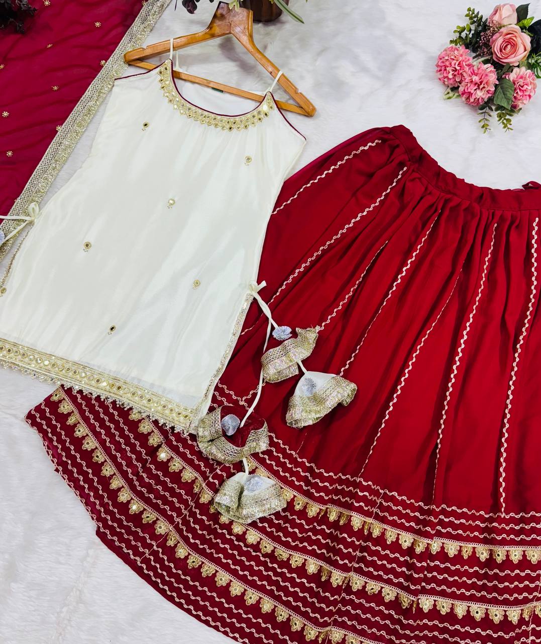 Off White Vichitra Silk Crop Top Lehenga Set with Zari Work for Women