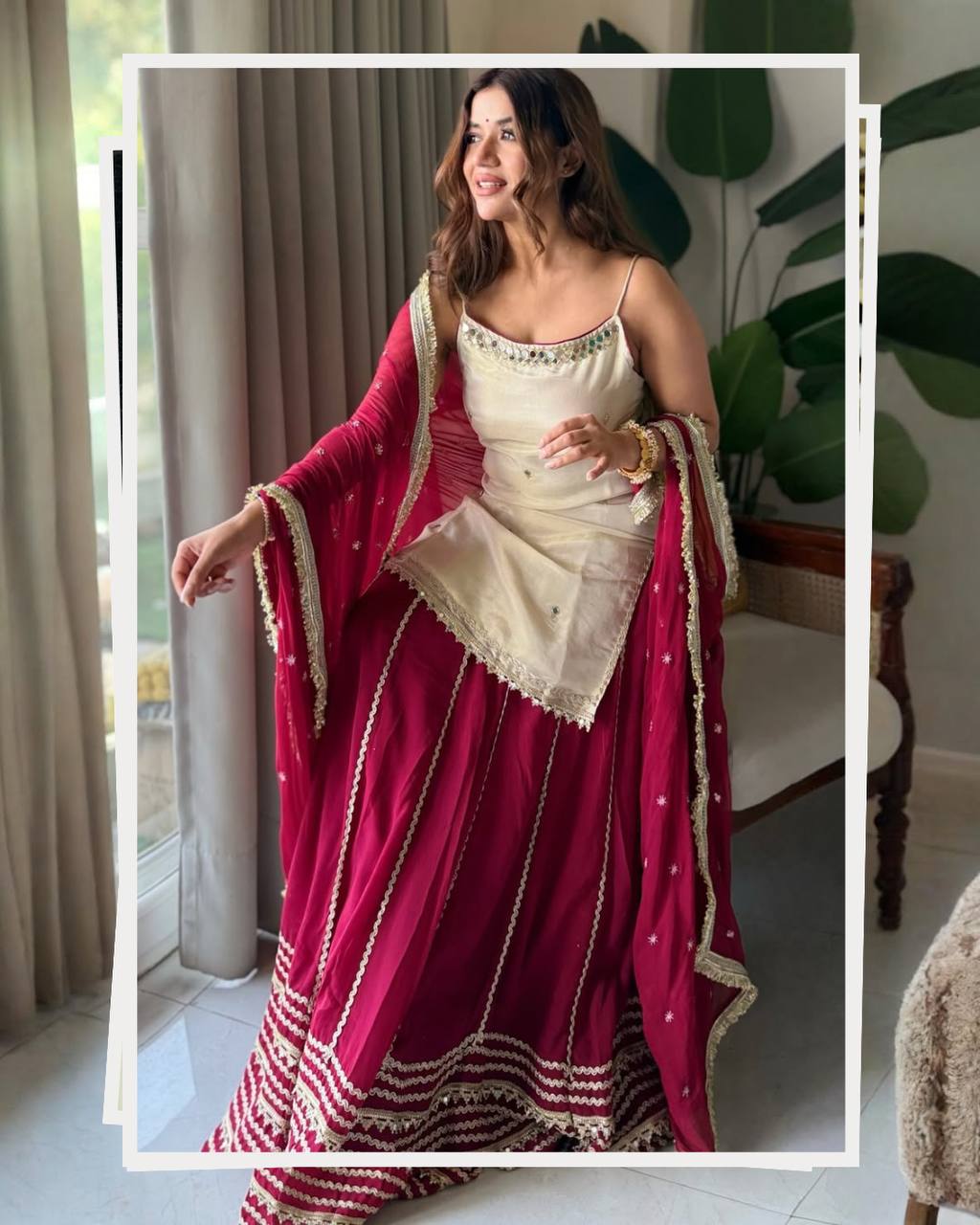 Off White Vichitra Silk Crop Top Lehenga Set with Zari Work for Women