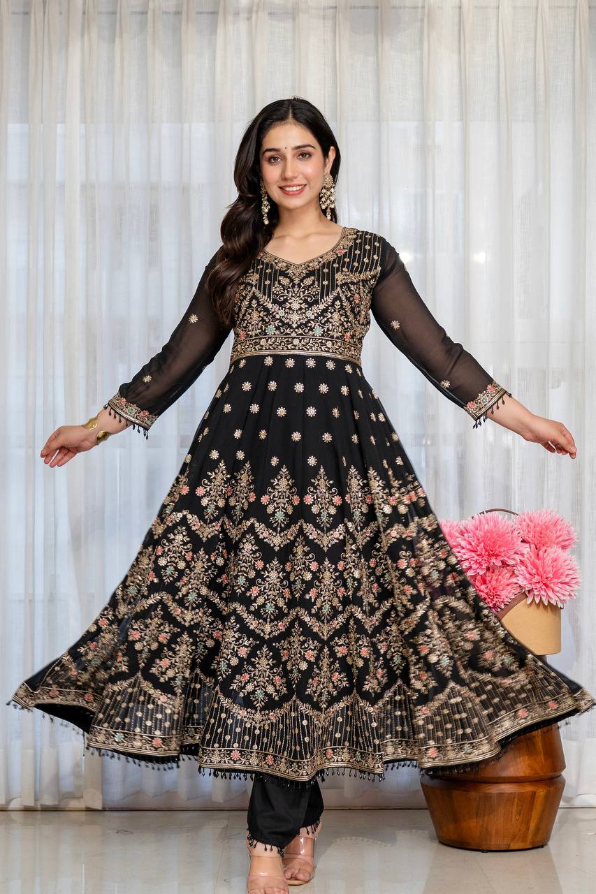 Black Anarkali Suit Set with Sequin Zari and Moti Lace Work for Women