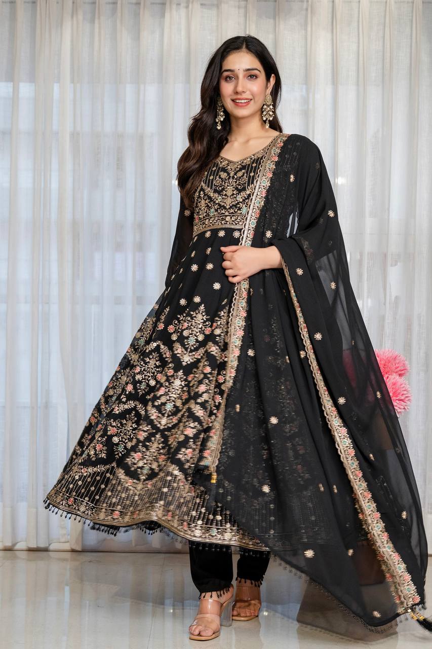 Black Anarkali Suit Set with Sequin Zari and Moti Lace Work for Women