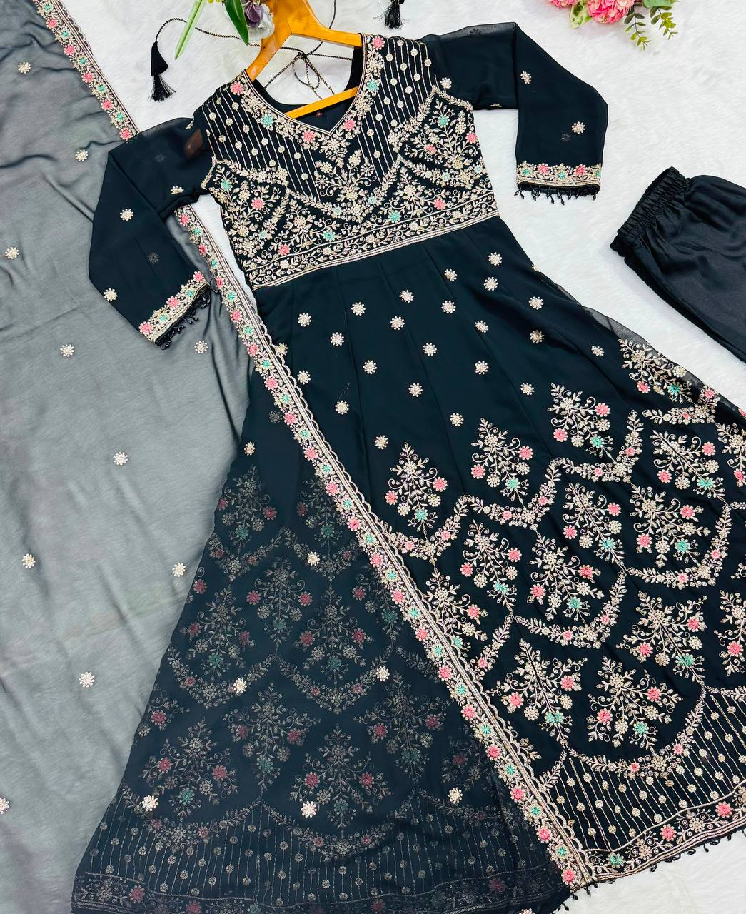 Black Anarkali Suit Set with Sequin Zari and Moti Lace Work for Women