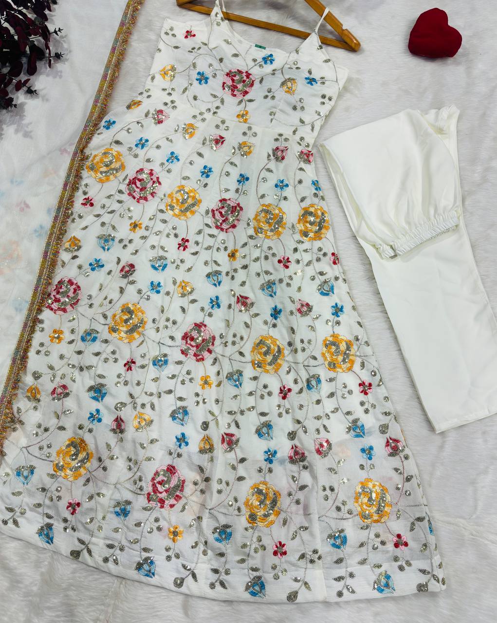 White Floral Vichitra Silk Anarkali Suit Set for Women