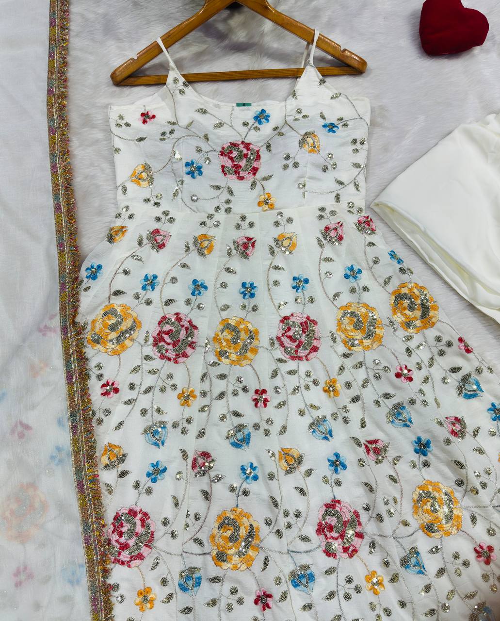 White Floral Vichitra Silk Anarkali Suit Set for Women