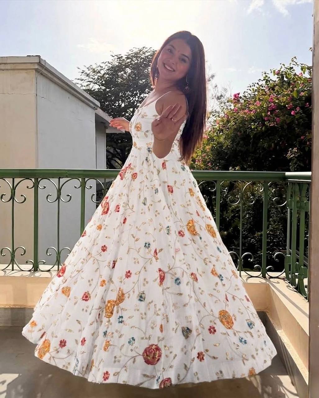 White Floral Vichitra Silk Anarkali Suit Set for Women