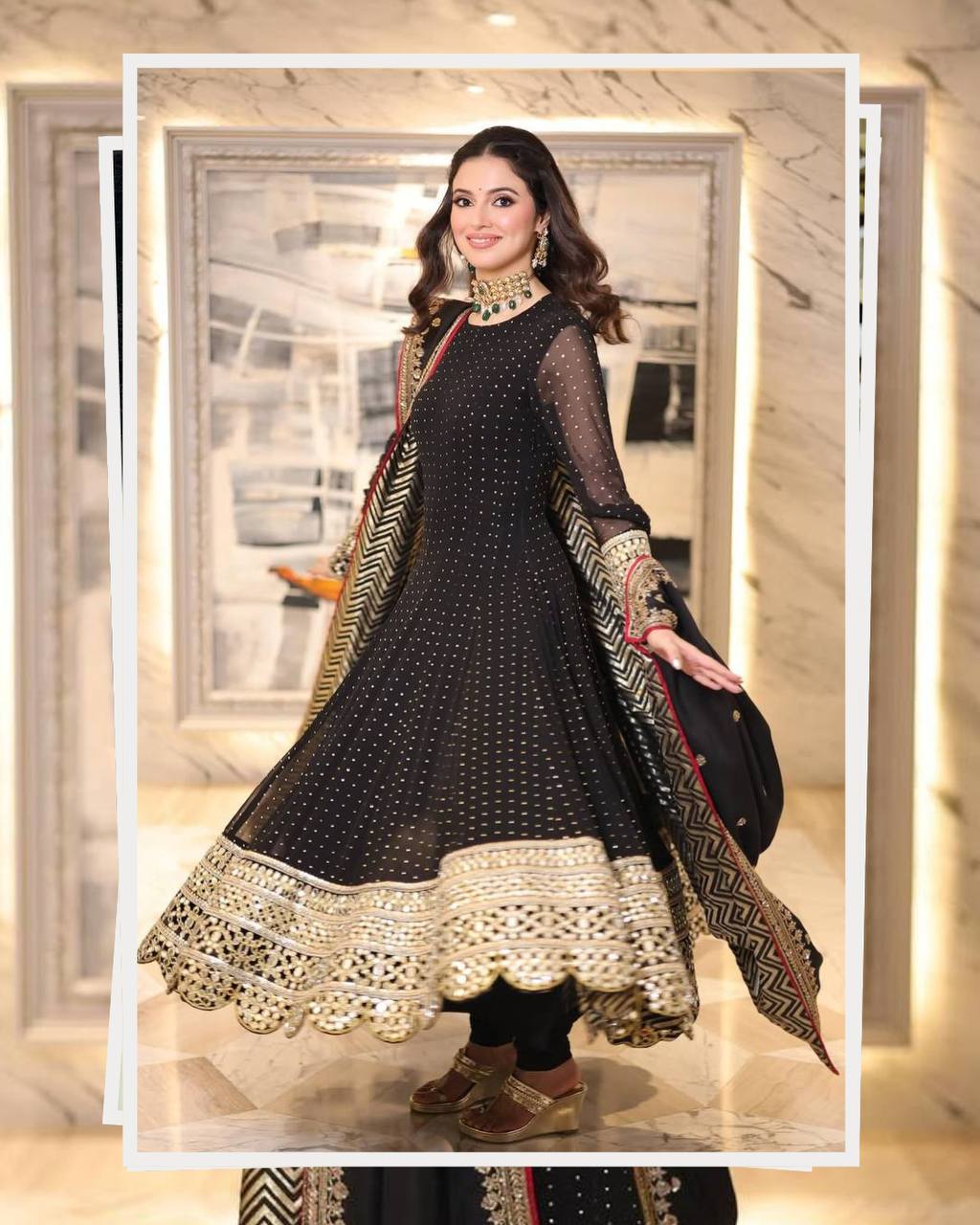 Black Embroidered Anarkali Suit Set with Zari Work for Women