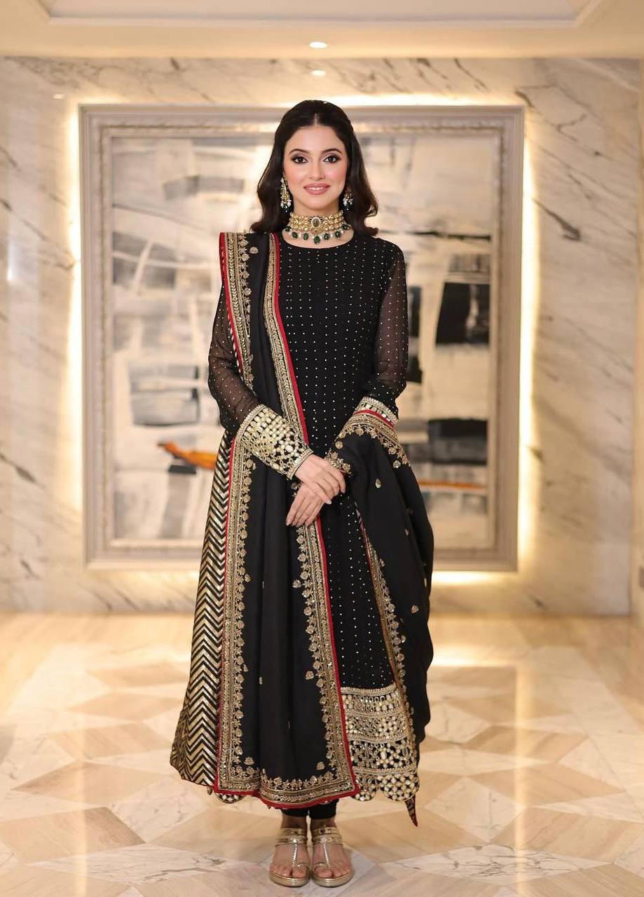 Black Embroidered Anarkali Suit Set with Zari Work for Women