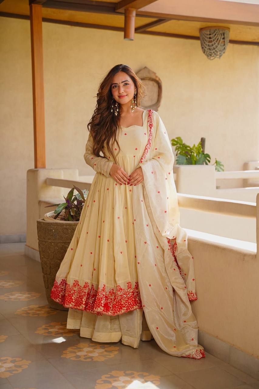 Cream Embroidered Silk Anarkali Suit Set with Sarara for Women