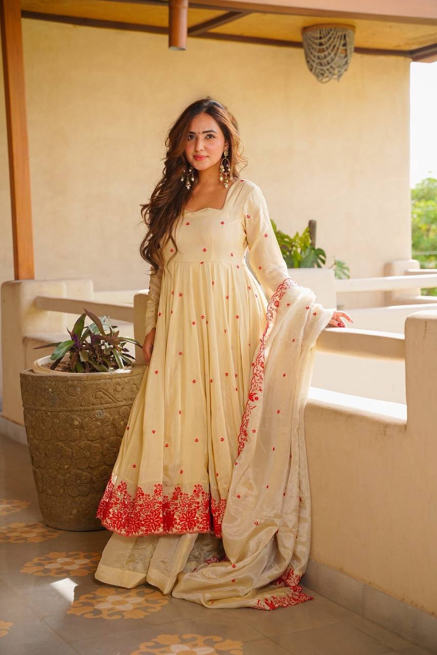 Cream Embroidered Silk Anarkali Suit Set with Sarara for Women