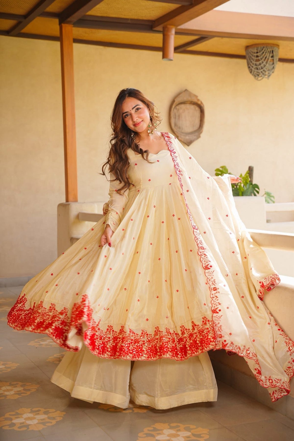 Cream Embroidered Silk Anarkali Suit Set with Sarara for Women