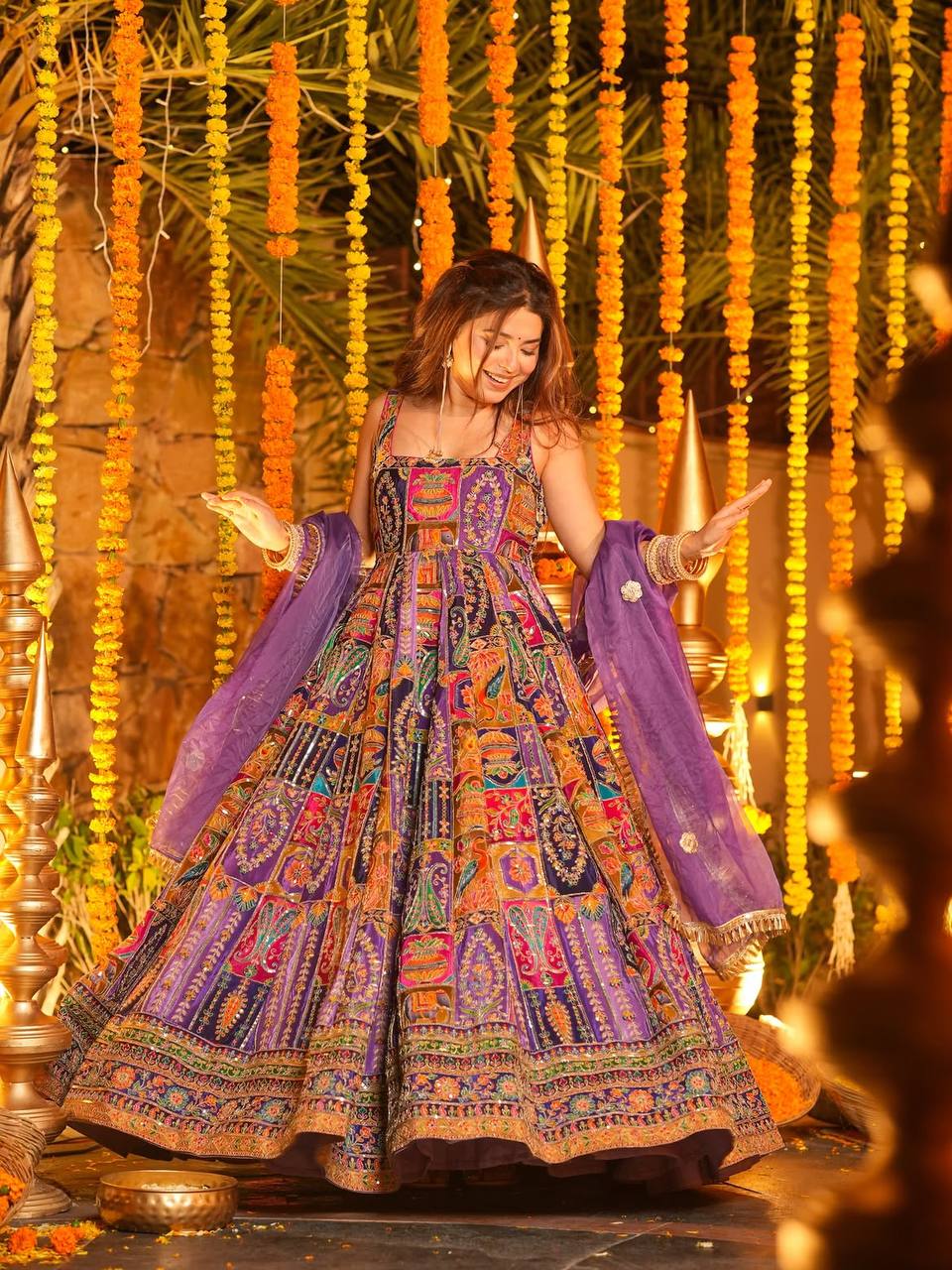Multicolor Embroidered Crepe Maxi Suit Set for Festive Wear 2