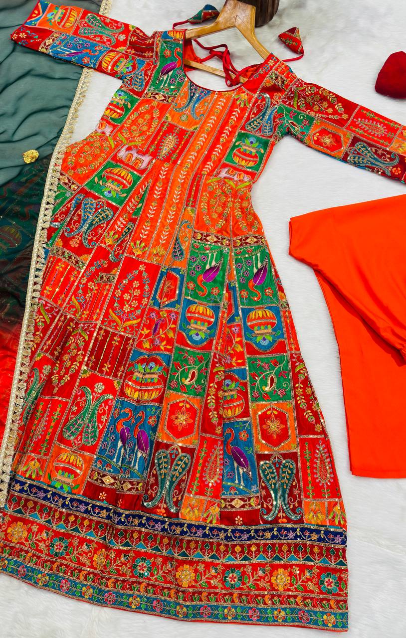 Multicolor Embroidered Crepe Maxi Suit Set for Festive Wear for Women