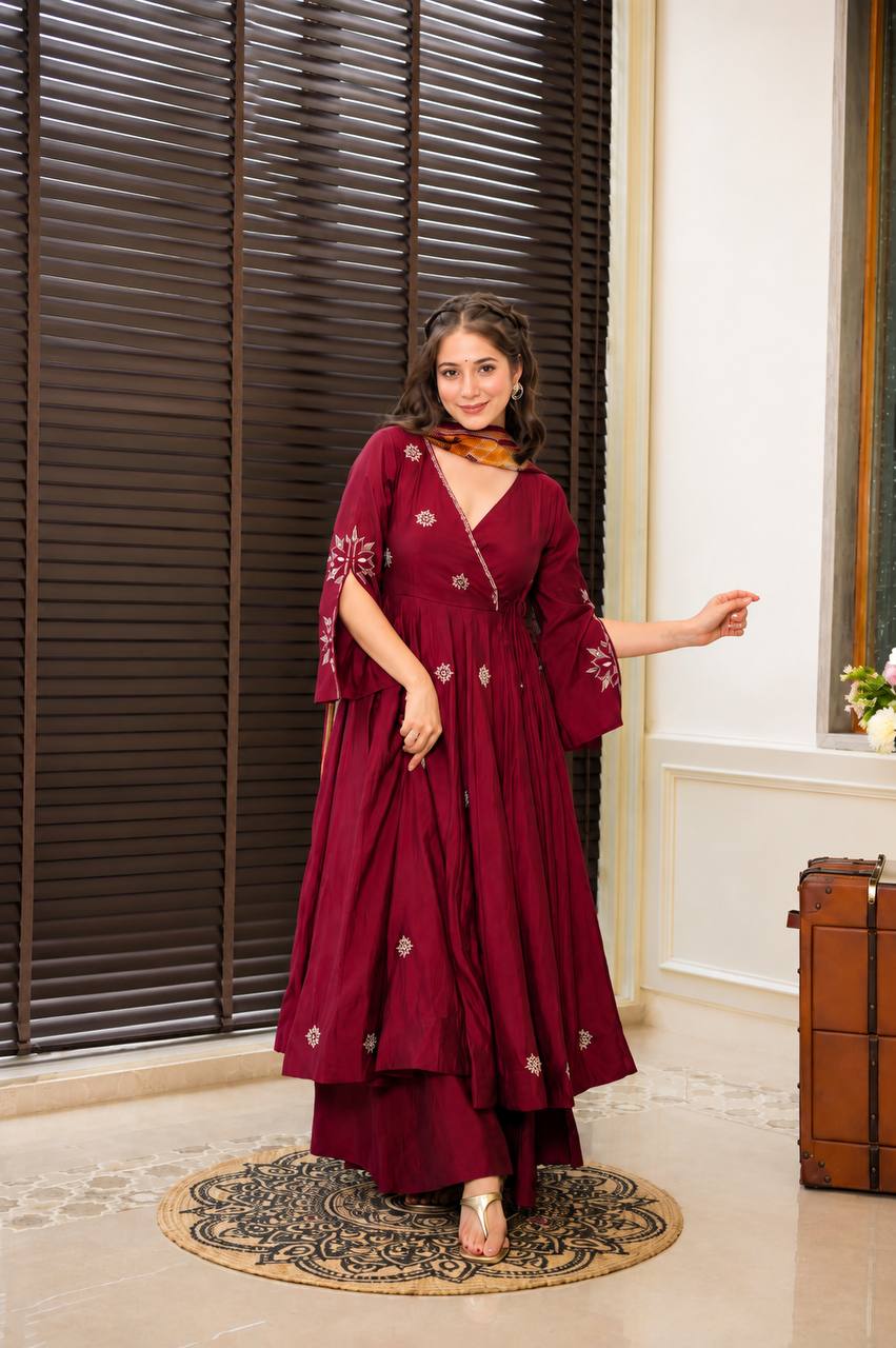 Maroon Embroidered Rayon Cotton Anarkali Suit Set for Women