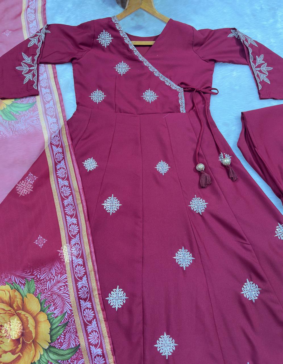 Maroon Embroidered Rayon Cotton Anarkali Suit Set for Women