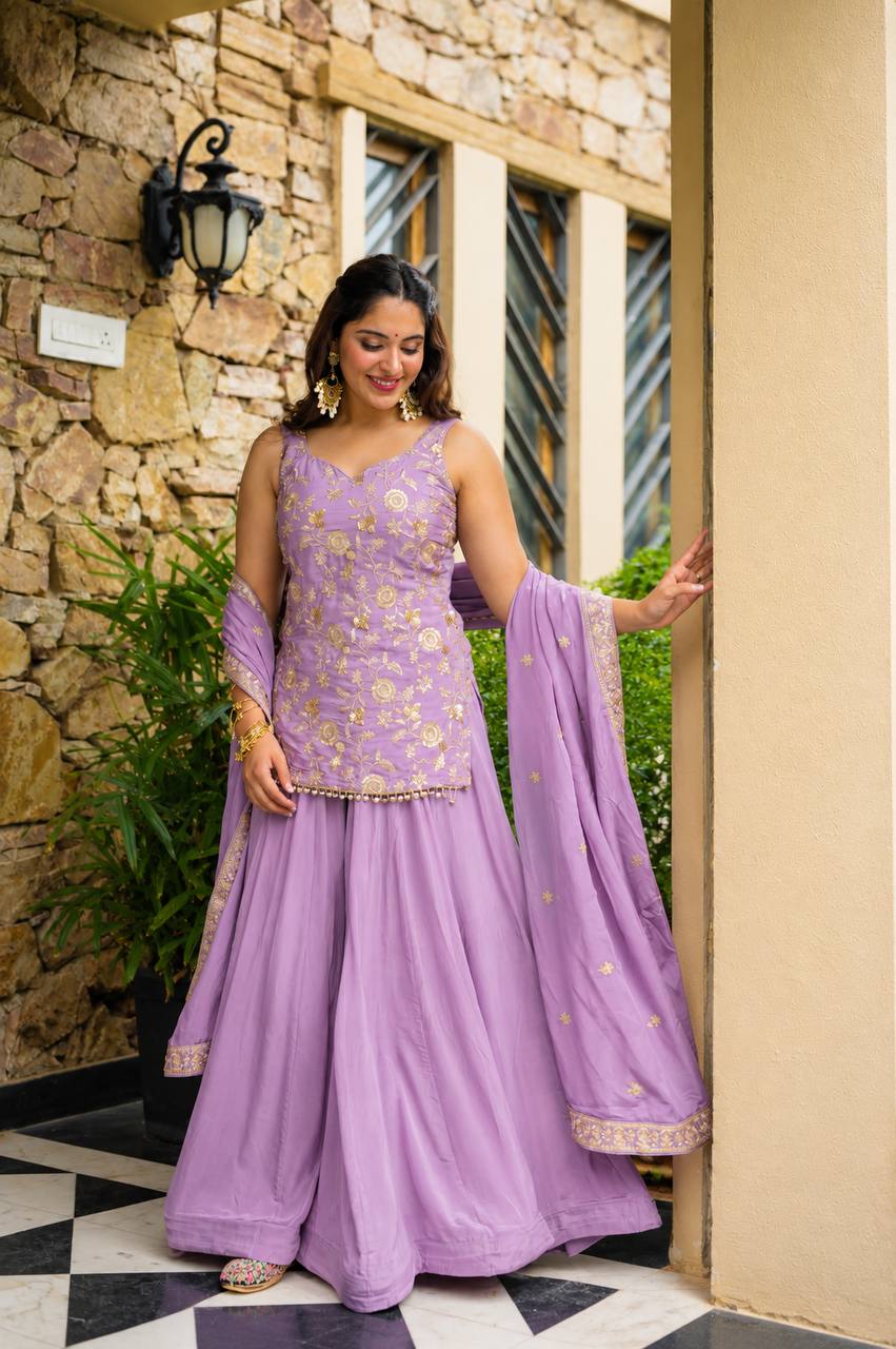 Lavender Zari Sequins Sarara 3 Piece Suit Set for Women