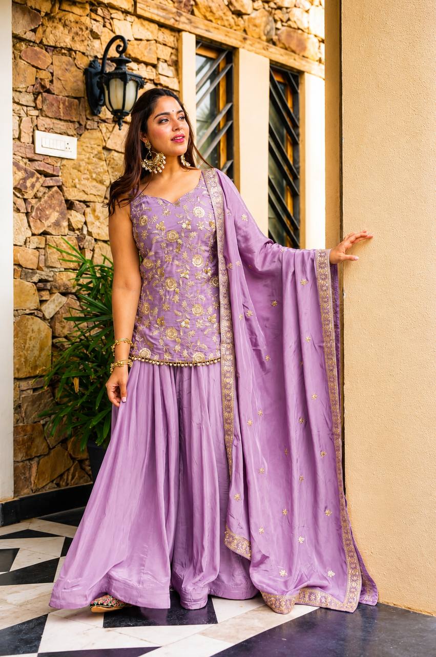 Lavender Zari Sequins Sarara 3 Piece Suit Set for Women