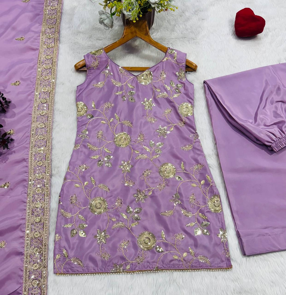 Lavender Zari Sequins Sarara 3 Piece Suit Set for Women