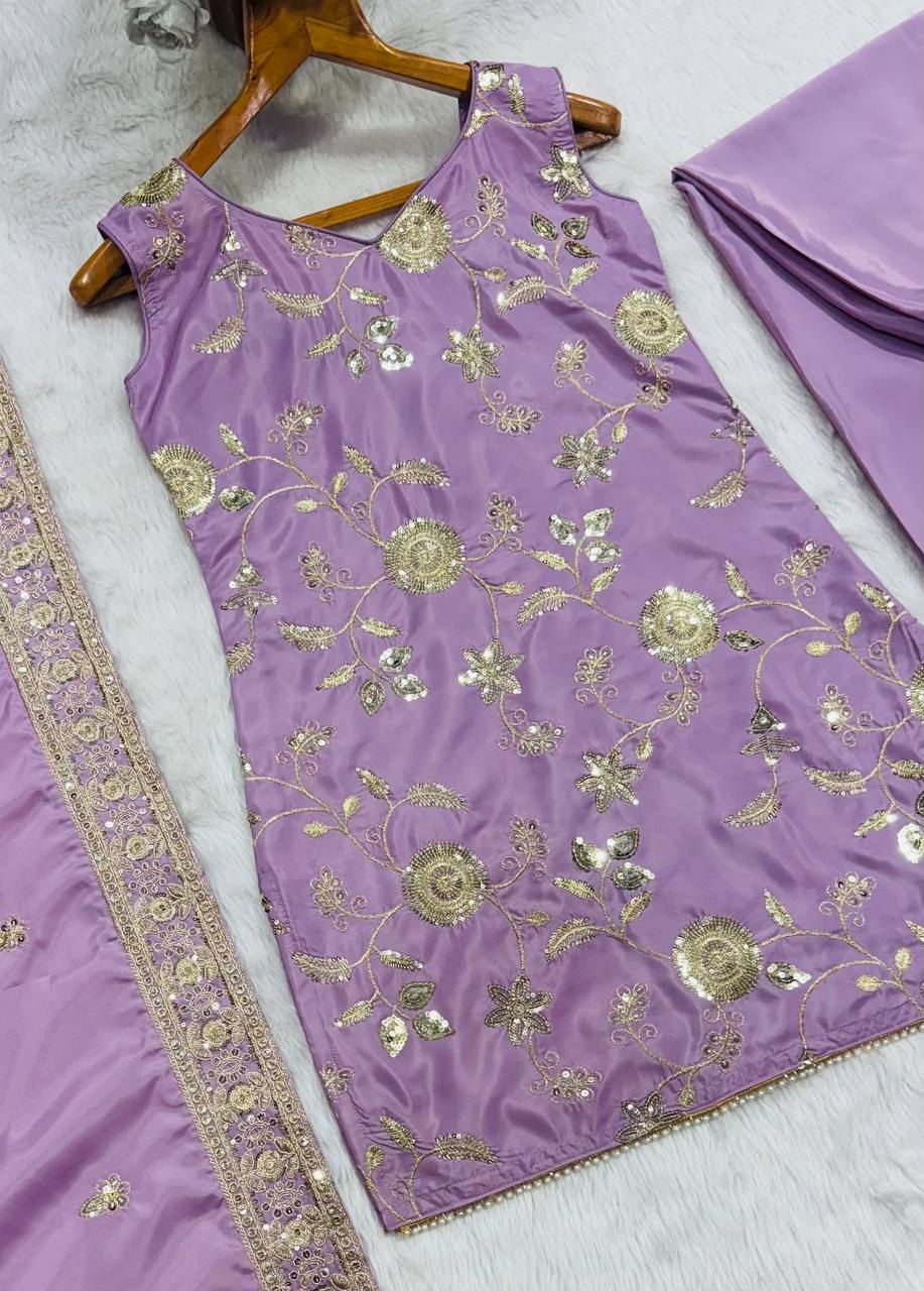 Lavender Zari Sequins Sarara 3 Piece Suit Set for Women