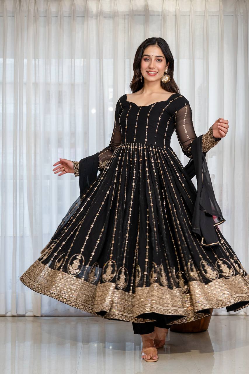 Black Zari Sequins Embroidered Anarkali Suit Set ! for Women