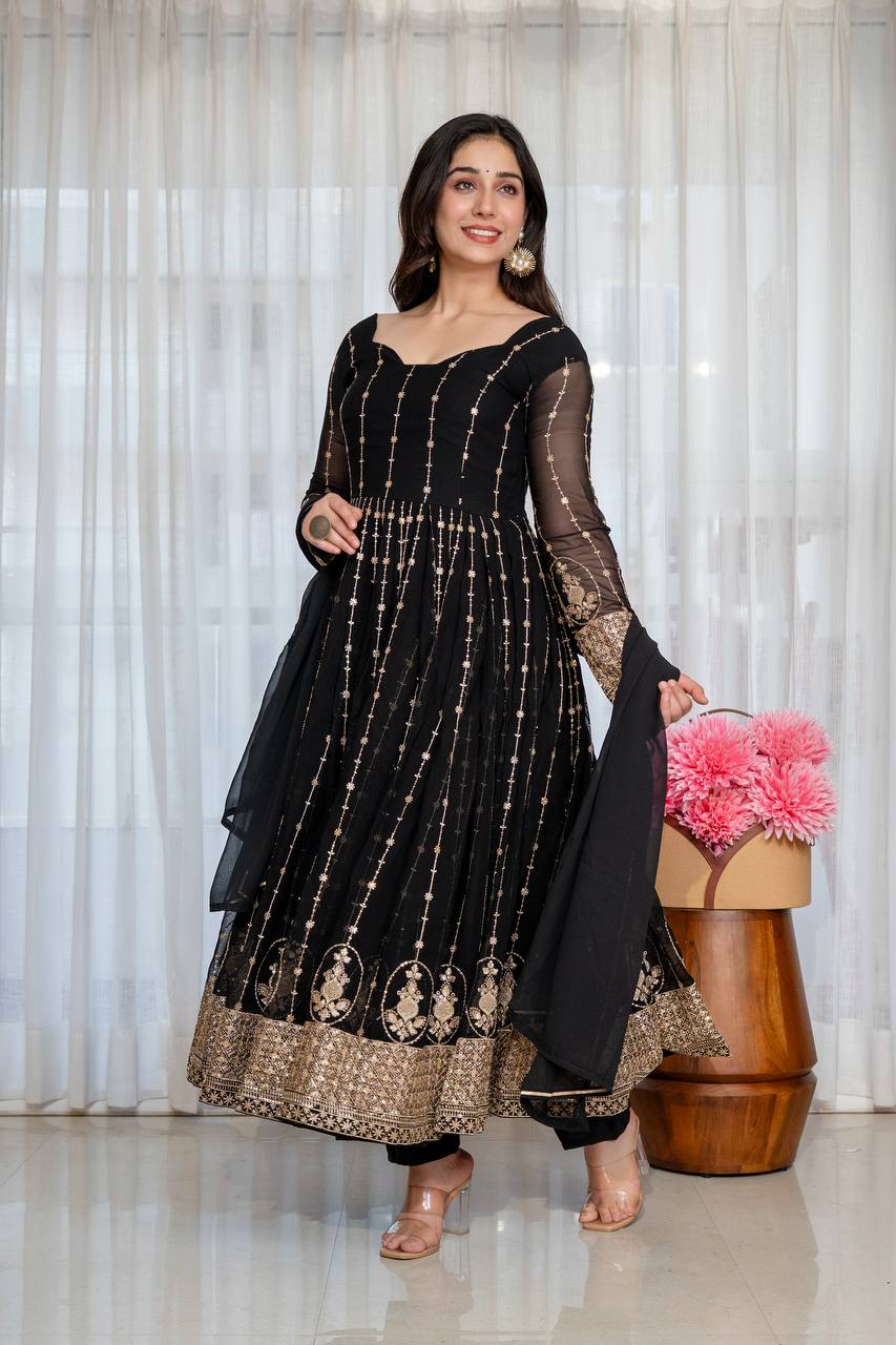 Black Zari Sequins Embroidered Anarkali Suit Set ! for Women