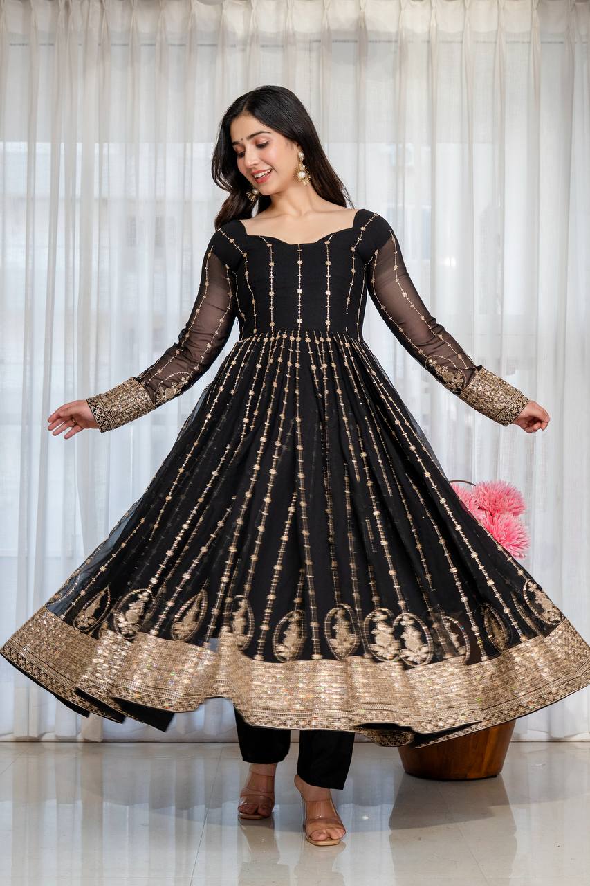 Black Zari Sequins Embroidered Anarkali Suit Set ! for Women