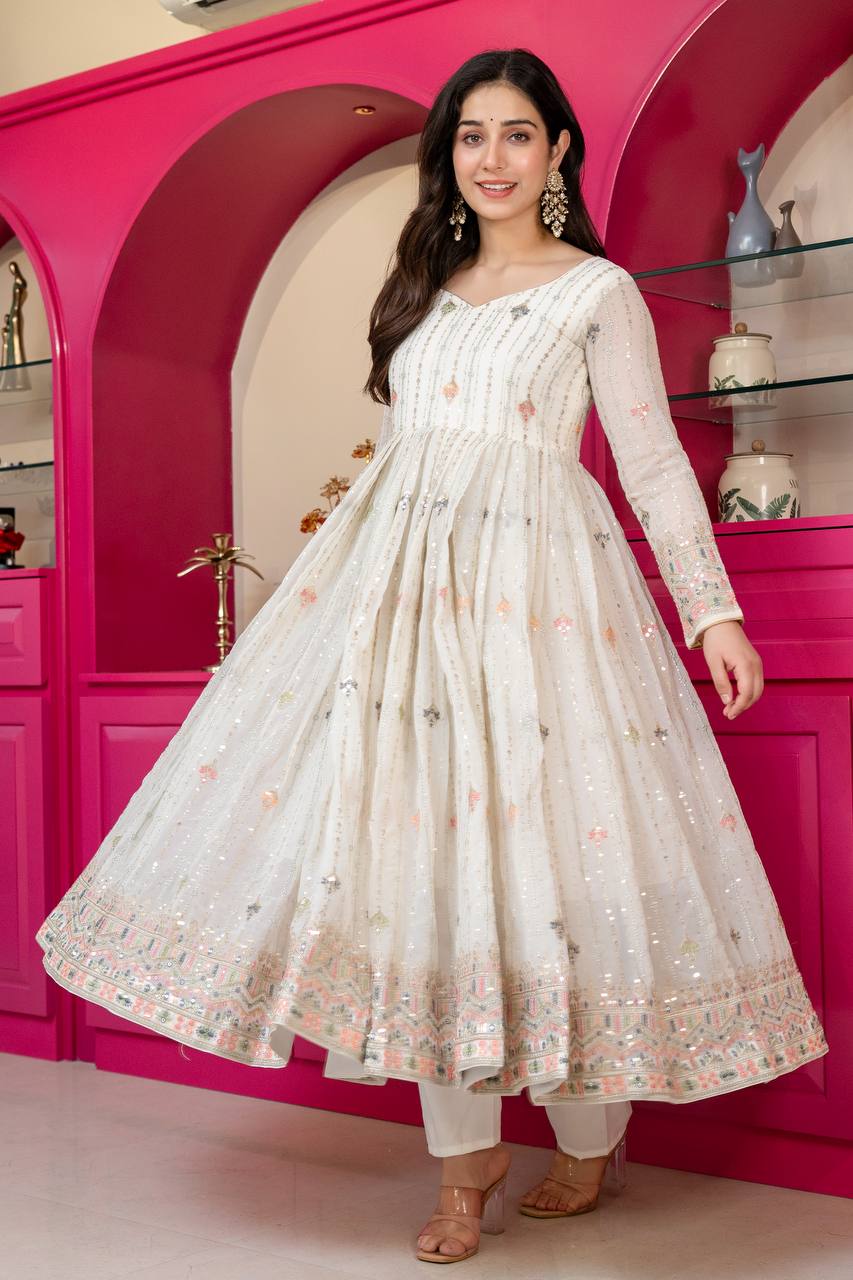 Ivory Zari Sequins Embroidered Anarkali Suit Set for Women