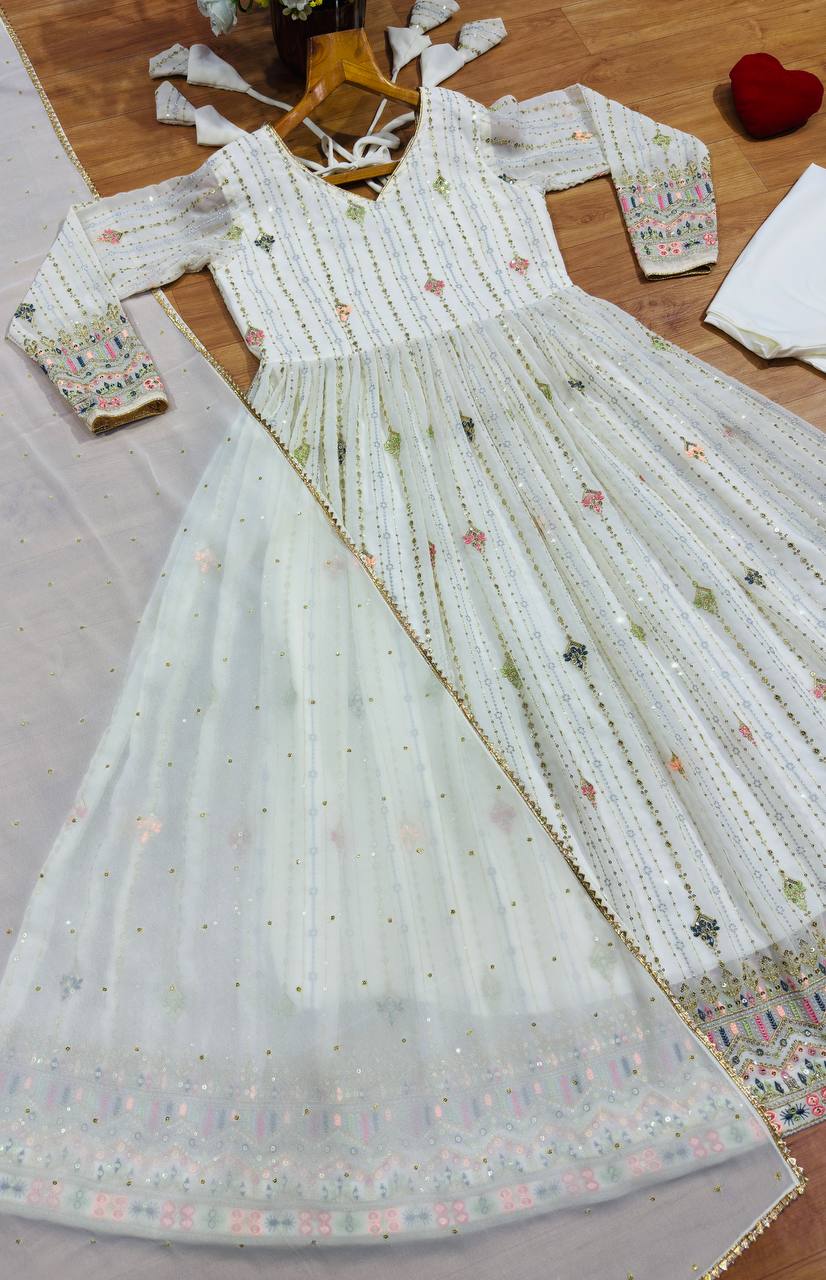 Ivory Zari Sequins Embroidered Anarkali Suit Set for Women