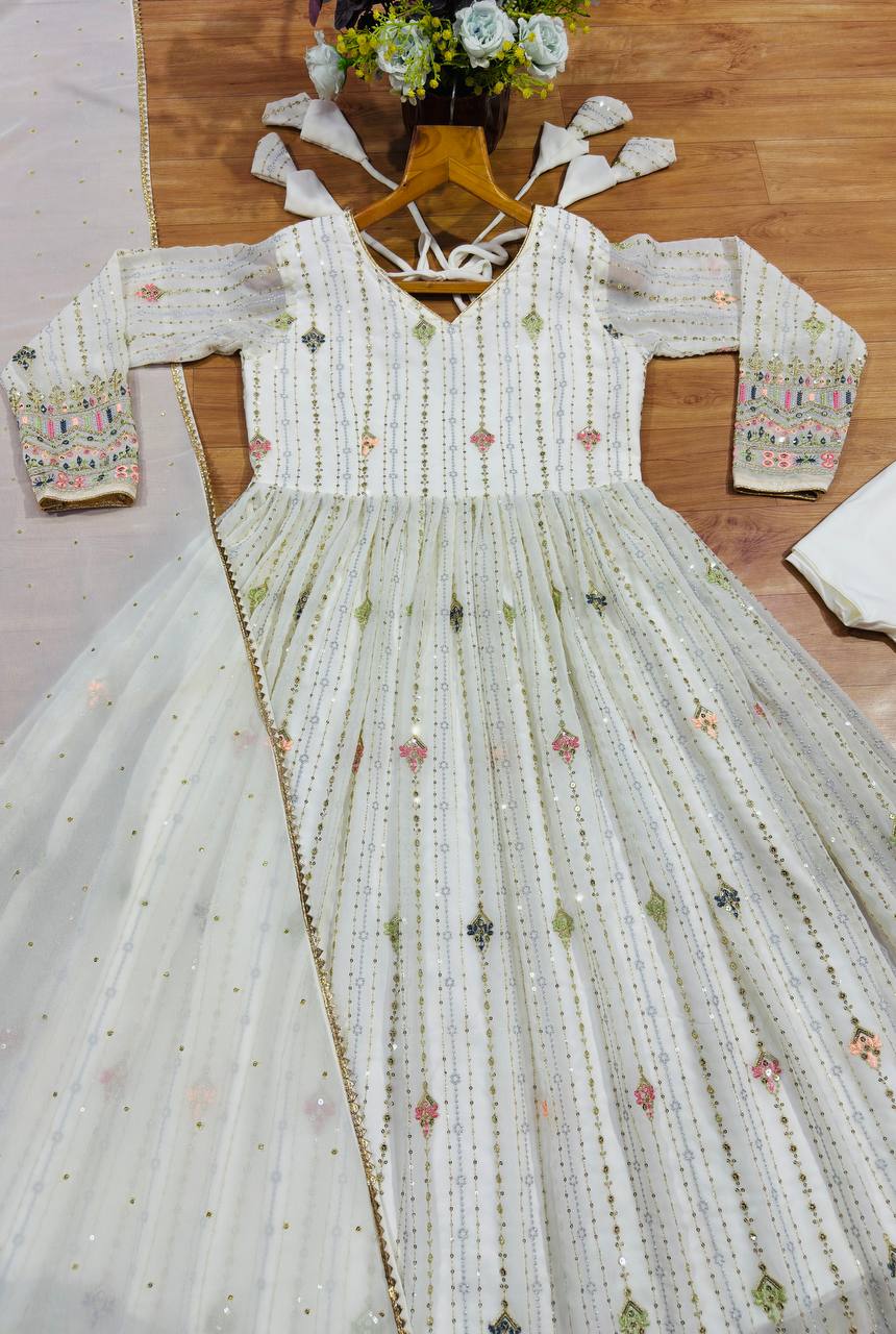 Ivory Zari Sequins Embroidered Anarkali Suit Set for Women