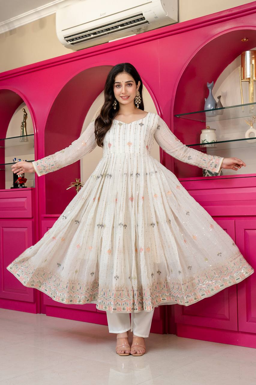 Ivory Zari Sequins Embroidered Anarkali Suit Set for Women