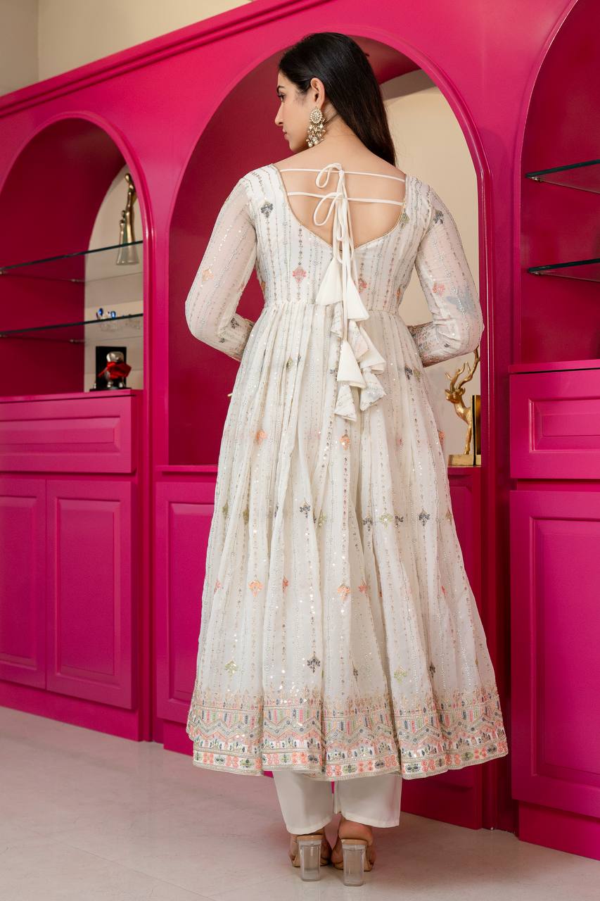 Ivory Zari Sequins Embroidered Anarkali Suit Set for Women