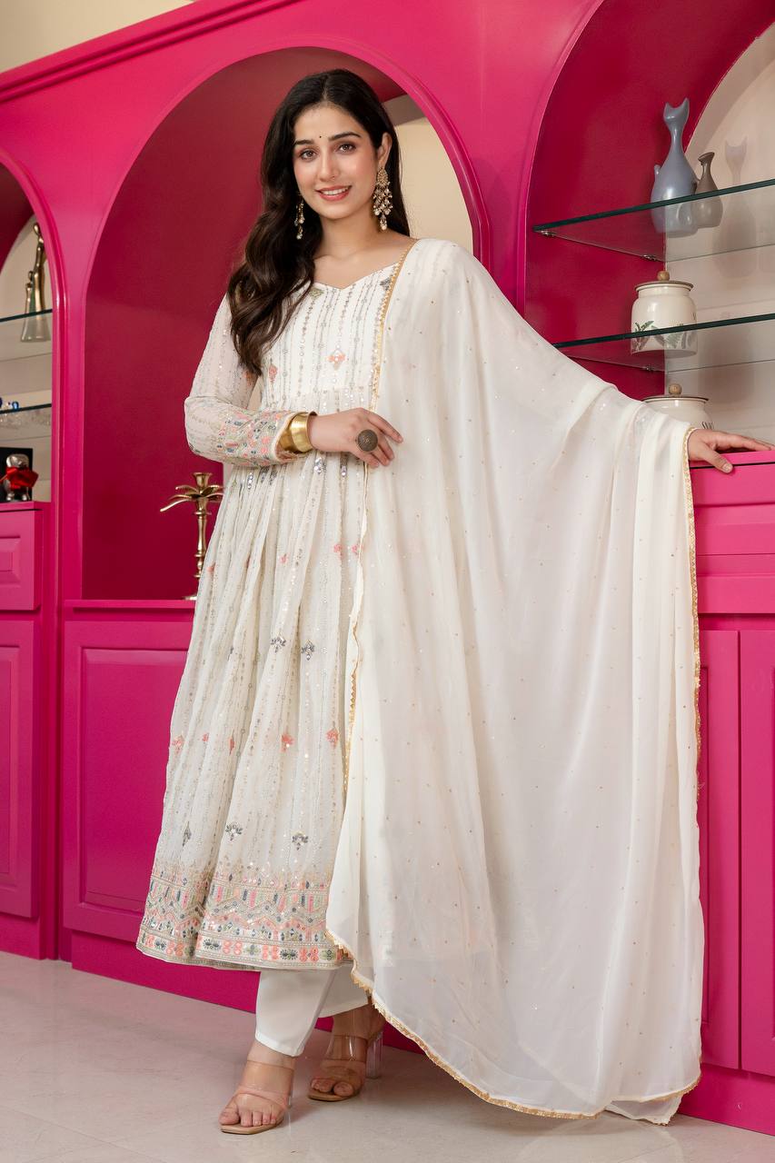 Ivory Zari Sequins Embroidered Anarkali Suit Set for Women