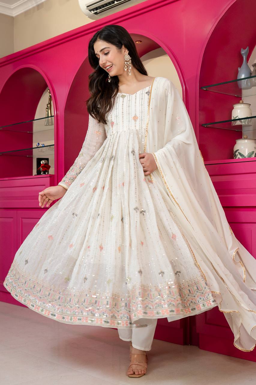 Ivory Zari Sequins Embroidered Anarkali Suit Set for Women