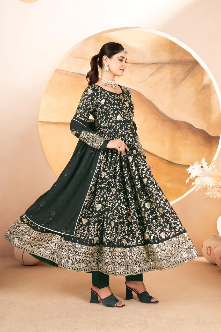 Dark Green Threadwork Anarkali Suit Set for Women