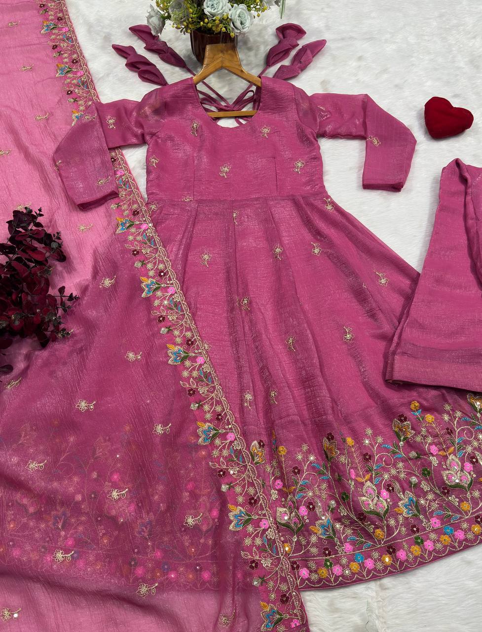 Pink Threadwork Anarkali Gown Suit Set ! for Women