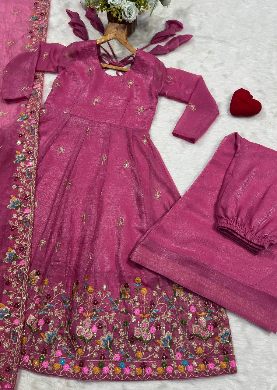 Pink Threadwork Anarkali Gown Suit Set ! for Women