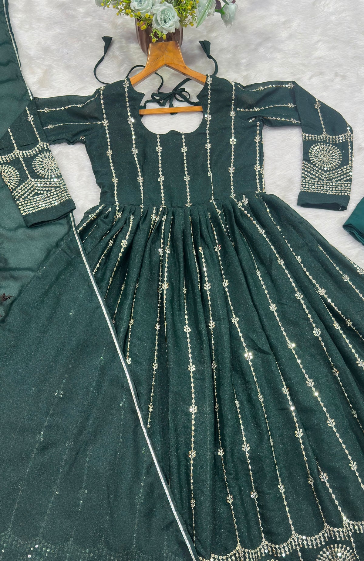 Dark Green Sequins Anarkali Suit Set with Dupatta for Women