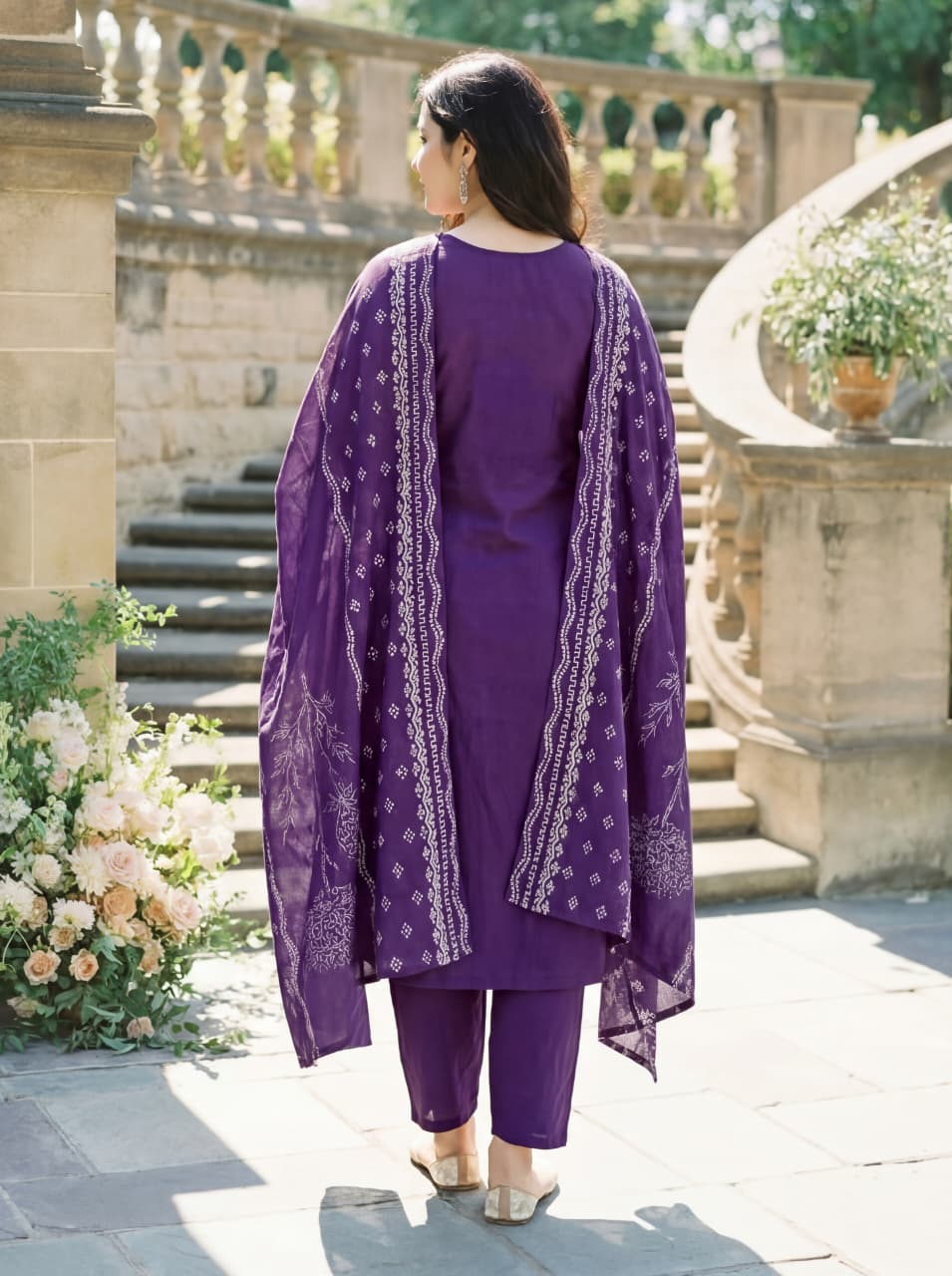 Purple Hand Printed Muslin Kurta Set Women for Women